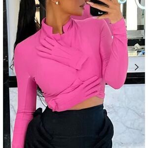High neck split collar long sleeve blouse